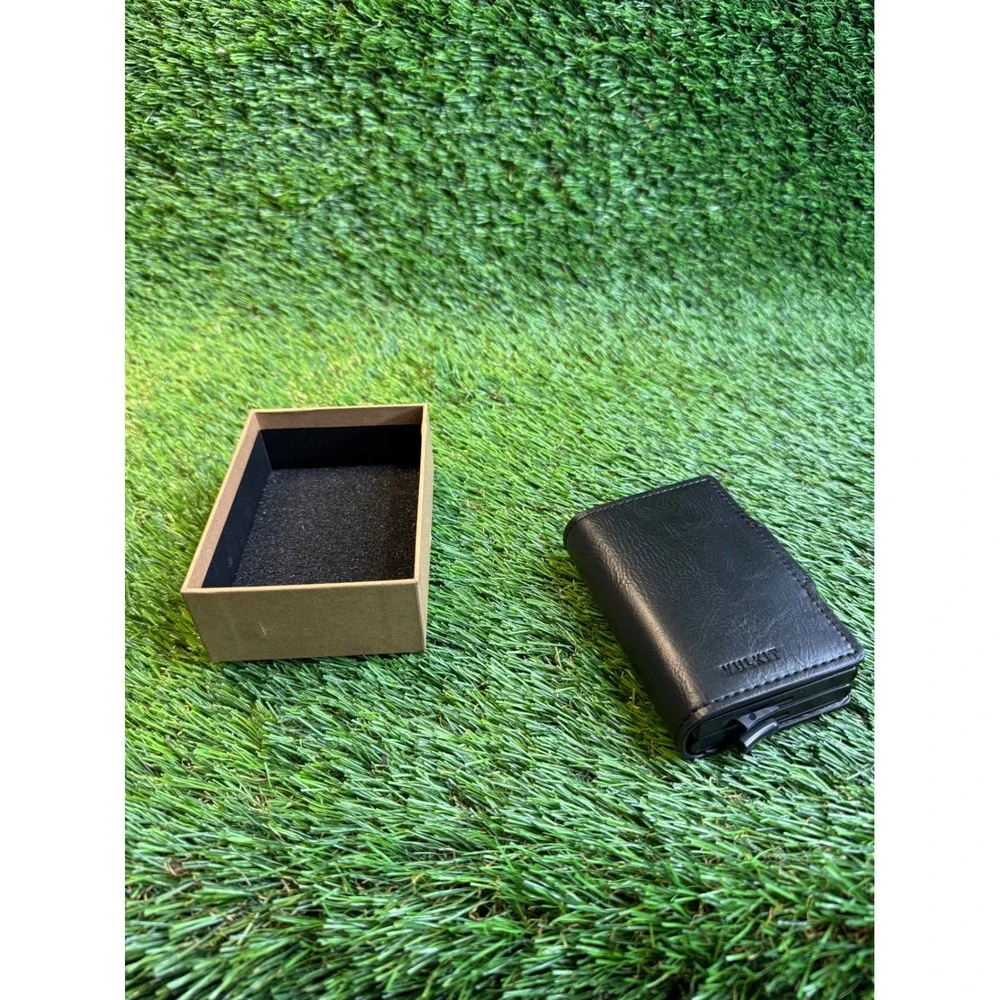 VULKIT VC200d Black Leather Pop Up Credit Card Holder Minimalist RFID Wallet NEW
